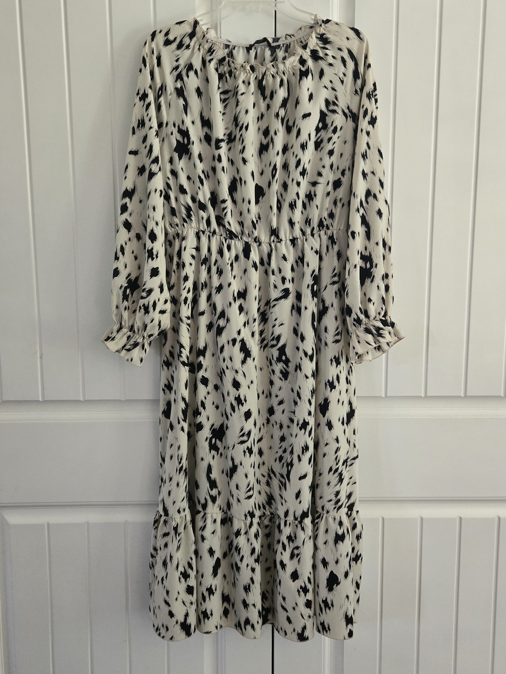 Abstract Brushstroke Midi Dress Long Puff Sleeve Boho Flounce Hem XL